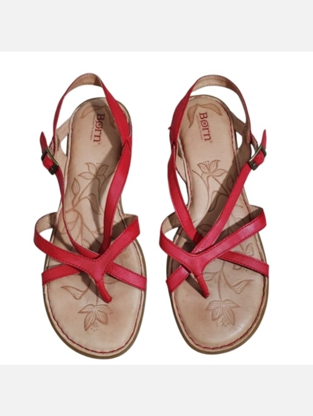 Born Red Strappy Leather Sandals with Floral Insole